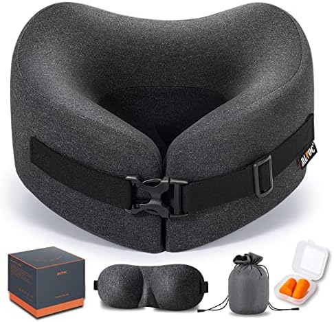 MLVOC Travel Pillow Memory Foam Neck Pillow, Adjustable Comfort Breathable Cover, Airplane Travel Set with 3D Sleep mask, Earplugs Box, for Airplane, Car, Office, Home (Full Black)