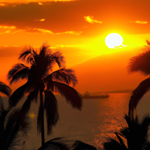 The captivating hues of a Puerto Vallarta sunset bring forth the vibrant sky, enchantingly framed by silhouettes of palm trees.