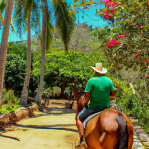 During a tranquil horseback riding excursion in Puerto Vallarta, a group of riders admires the awe-inspiring view as the magnificent Pacific waves crash onto the sandy shore.