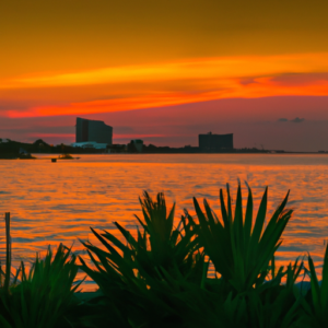 Experience the breathtaking allure of the sunset casting its glow over the enchanting Sunset Lagoon Cancun, an idyllic tropical haven nestled in the heart of Cancun, Mexico.